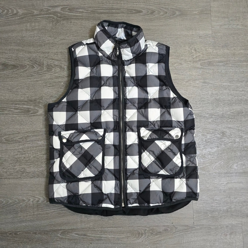 Woolrich Puffer Vest Black White Buffalo Plaid‎ Quilted Full Zip Size XL